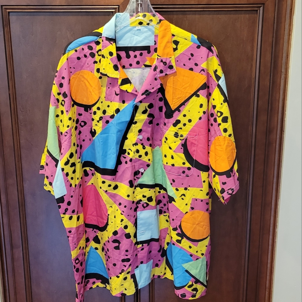 Multicolored Geometric bright Print Button down Front Collared Shirt Sz 3XL